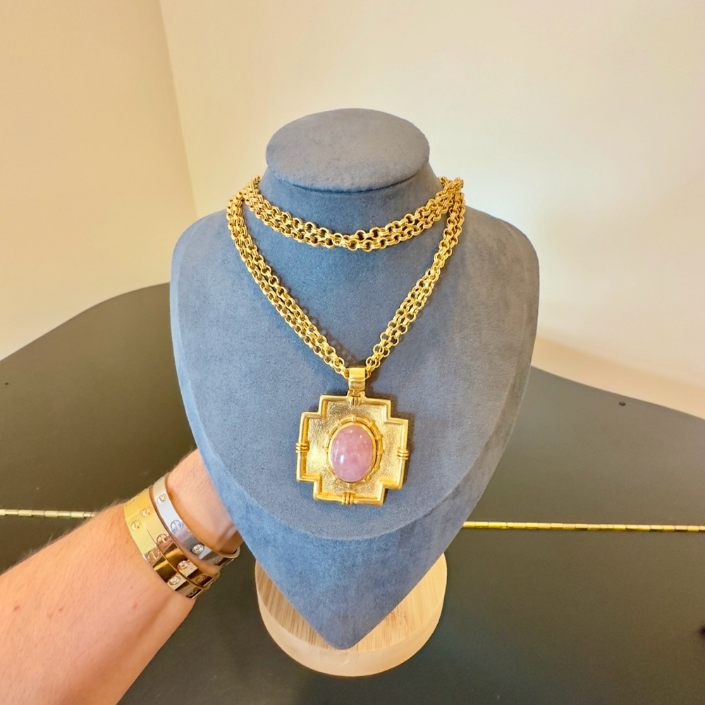 Vintage Authentic Luxury Bohemian RARE Julie Vos Rose Quartz Cross Necklace - Picture 8 of 17